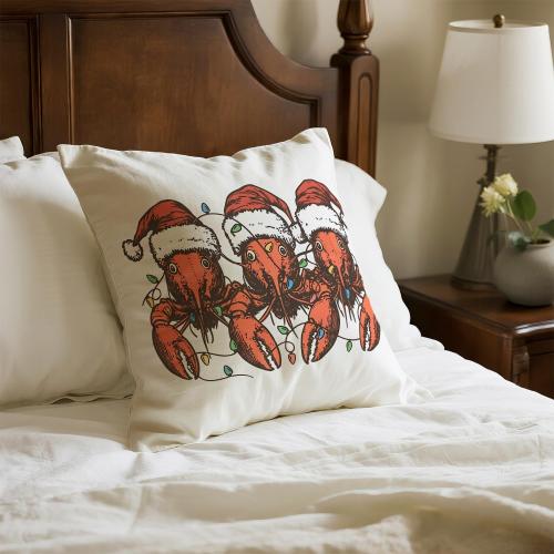 Christmas Beach Lobster Pillow Covers 18x18, Lobster Lover Gifts, Coastal Christmas Santa Hat Crawfish Decorative Throw Pillow Covers for Couch Sofa Bedroom Living Room Home