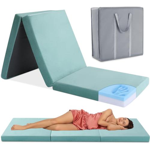 Blue HOMBYS Tri Folding Memory Foam Camping Mattress for Outdoor Sleeping, Portable Waterproof Camping Pad Mat for Travel Truck Bed Tent