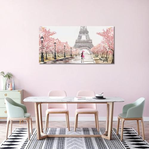 Eiffel Tower Canvas Wall Art - Romantic Paris Street Scene with Cherry Blossoms & Couple, Pink 20x40 Inch, Ready to Hang Framed Print for Living Room Bedroom Decor (Gallery Wrapped)