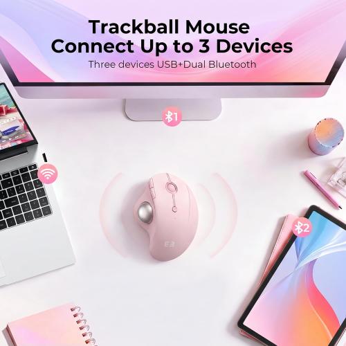seenda Wireless Trackball Mouse, Ergonomic Bluetooth Rollerball,Rose Pink