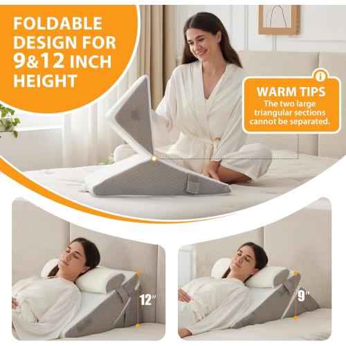 3PCS Wedge Pillow Set for After Surgery, Adjustable 9&12 Inch Bed Wedge Pillow for Sleeping, Incline Pillow Wedge for Headboard, Post Surgery, Acid Reflux, Neck&Back Support, White/Grey