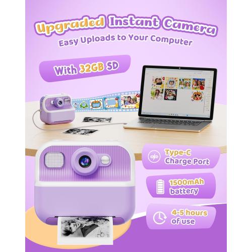 Instant Camera, Front Rear Dual Selfie Kids Camera with 1080P Videos, Holiday Birthday Gifts for Kids Age 3-12, Toddler Portable Travel Print Digital Camera Toy for 4 5 6 7 8 9 Year Boys Girls