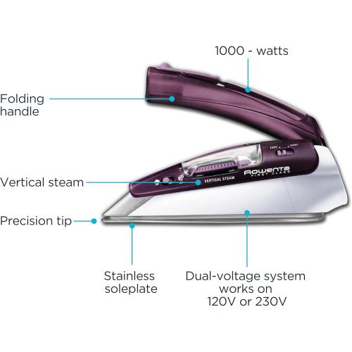 Rowenta Travel Iron, Pro Compact Stainless Steel Soleplate Hand Held Steamer Iron for Clothes, 200 Microsteam Holes, 1000 Watts Ironing, Fabric Steamer, Dual Voltage, Mini Iron, Purple, DA1560