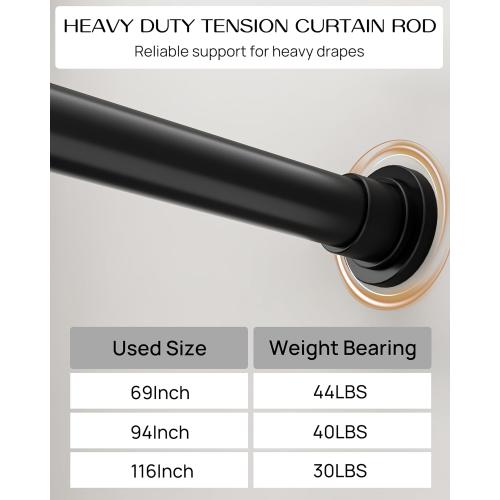 Tension Curtain Rod by EZFurni, 82 to 123 Inch Adjustable, No Drill Curtain Rods for Windows, Heavy Duty Tension Rod for Window Treatment, Room Divider with Blackout Curtains, Renter Friendly, Black