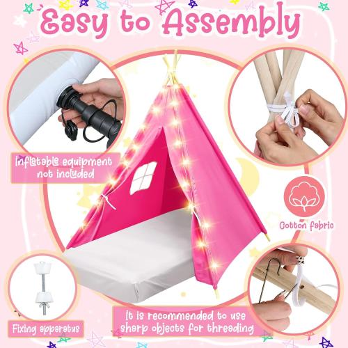 6 Pack Sleepovers Teepee Tent for Kids Bulk with Mattress Sheet Light,Natural Cotton Washable Indoor Play Tent for Birthday Slumber Party Girls Boys Pajama Movie Night Supplies(Rose Red)