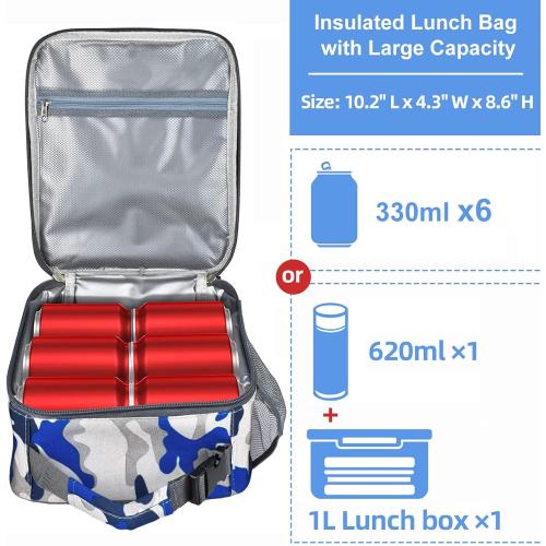 Insulated Lunch Bag, Leakproof Portable Box for Women Men Boys Girls, Large Capacity Cooler Bag with Handle and Bottle Pocket for Office School Camping Hiking Outdoor Beach Picnic (Camo Blue)