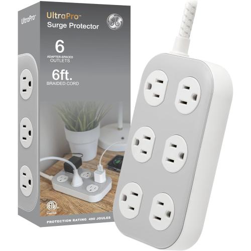 GE 6-Outlet Surge Protector Power Strip, 6 Ft Braided Cord, Multi Plug Outlet Extender, Charging Station, Flat Plug, 490 Joules, White/Gray, 81782 (Pack of 1)