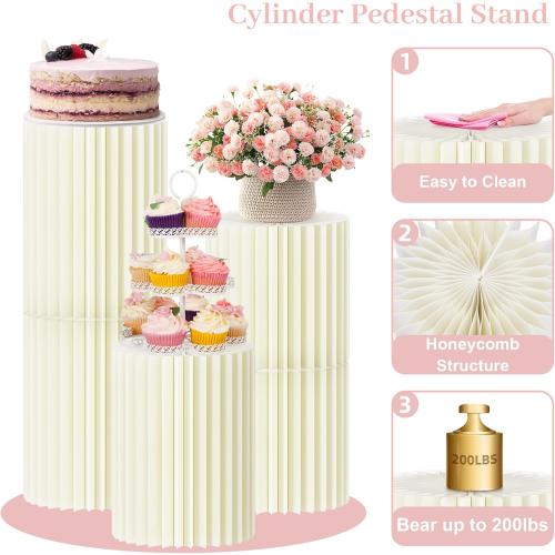 Cecnamt Cylinder Stands for Party,5 Pcs Paper Cylinder Pedestal Stand with Acrylic Disc Foldable Round Pillars Pedestal Cake Stands for Wedding Party Decor