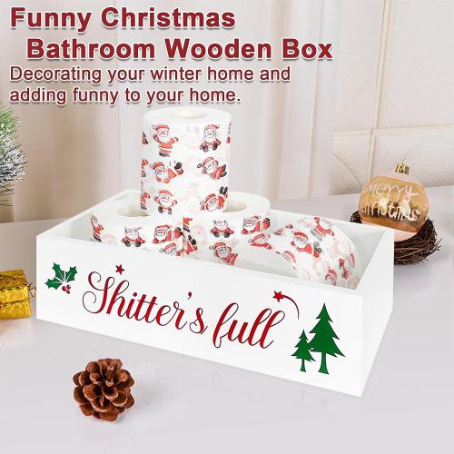 Funny Christmas Bathroom Decor Wooden Storage Box Farmhouse Christmas Decor Toilet Paper Holder Holiday Toilet Paper Holder with Xmas Tree for Bathroom Toilet Tank Organizer Storage Box Xmas Gift