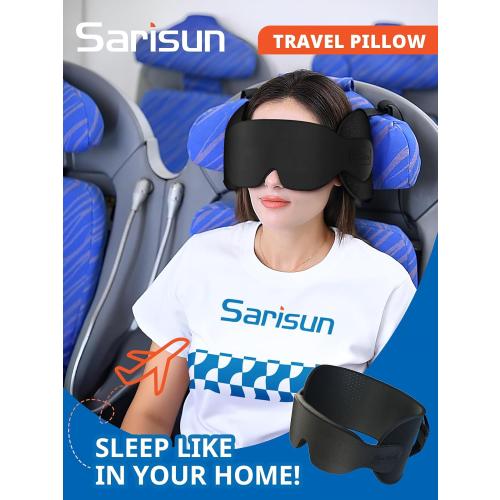 Travel Pillow for Airplanes, Ultra-Thin Breathable Airplane Pillow Alternative, Airplane Head Strap with 3D Sleep Eye Mask, 360° Support for Long Flight, Work for Seats with Headrest, Black