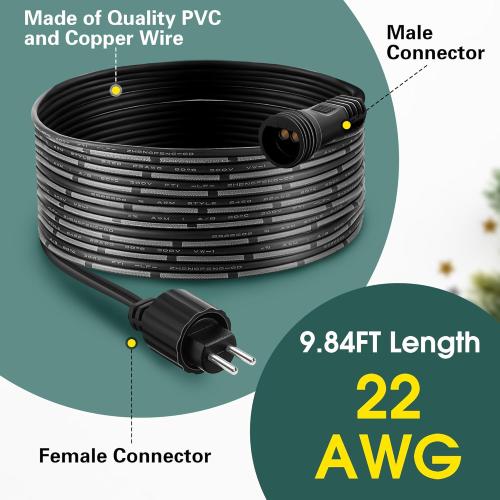Meonum 3 Meters 2 Pin Extension Cable with Male and Female Connector, Compatible with TING SHEN Class 2 Power Supply, UL Certification 22AWG Waterproof Class 2 Power Unit Cord(Black,1 Pack)