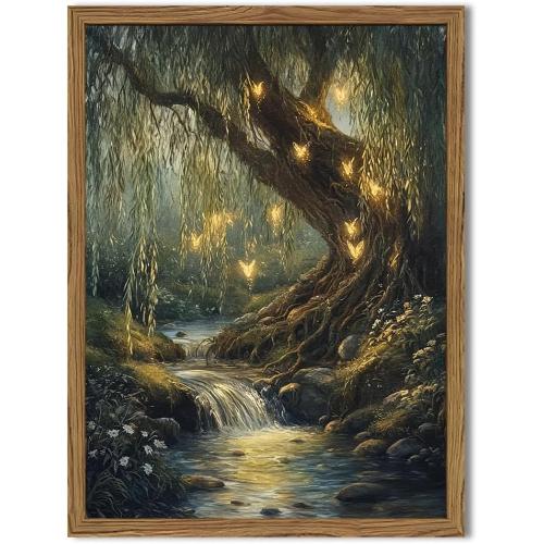 Vintage Forest Fairy Wall Art Whimsical Cottagecore Tree Fairy Wall Decor Painting Magical Landscape 3D Texture Hand Drawn Sandstone Artwork for Bedroom Living Room 12x16 inch Wood Framed