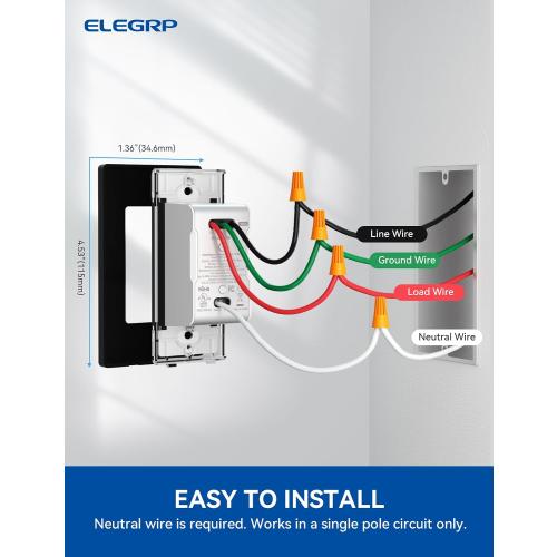 ELEGRP Smart Motion Sensor Switch, 2.4GHz Wi-Fi Single Pole Light Switch Works with Alexa & Google Assistant, APP Remote Control, Neutral Wire Required, UL Certified, No Hub Required (Black, 1 Pack)