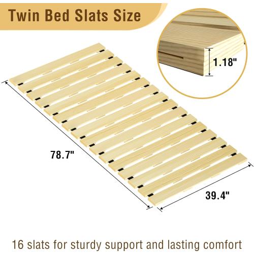 Size twin Japanese Tatami Mat Floor Bed, Knotless Solid Wood, Roll-Up Slatted, Bed Plate with 2 Storage Straps, Moisture-Proof and Breathable for Floor Sleeping or Futon Mattress, Twin