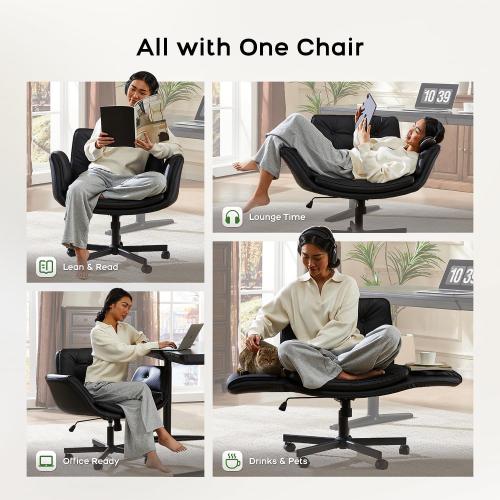 amseatec Criss Cross Chair with Armrests & Wheels, PU Leather Vanity Chair, Comfortable Adjustable Swivel Computer Office Desk Chairs for Home, Make Up, Bed Room (Black)