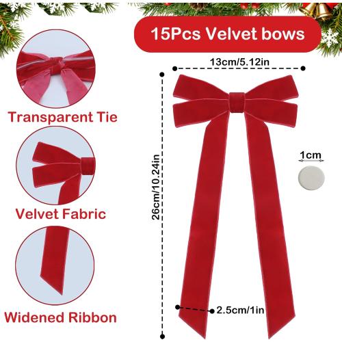 15Pcs Red Velvet Ribbon Bows for Christmas Tree 5in x 10in x 1in Vintage Rustic Velvet Bows Xmas Ornaments for Christmastree Wreath Garland Party Decor (Red)
