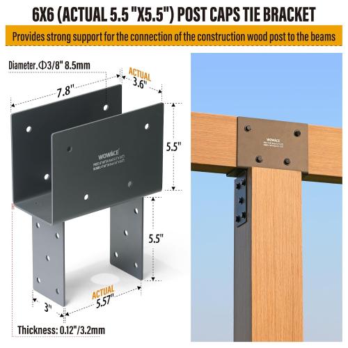 4pc 4x6 (Actual 3.5x5.5) Post Cap Tie Bracket, Stainless Steel Wood Beam Support Bracket, for Gazebos, Patio Decks, and Porches Wood Post to Beam Support (Dark Ggray)
