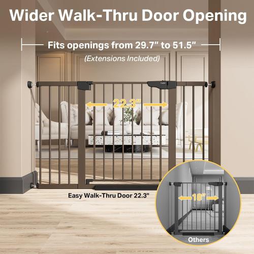 Cumbor 29.7-51.5 in Extra Wide Baby Gate for Stairs, Dog Gate Indoor Brown | Mom's Choice Awards Winner, Auto Close with Double Lock for Doorways, Child Gate for Toddlers & Pets, Pressure Mounted