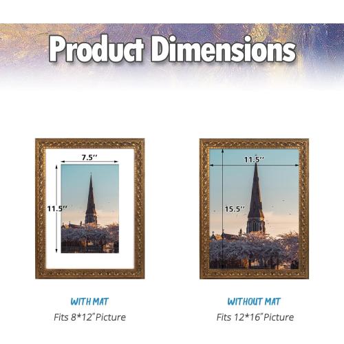 AUEAR, 12x16 Ornate Photo Frame, Bronze Color, with White Mat for 8x12 Picture & Real Glass (2 Pack)