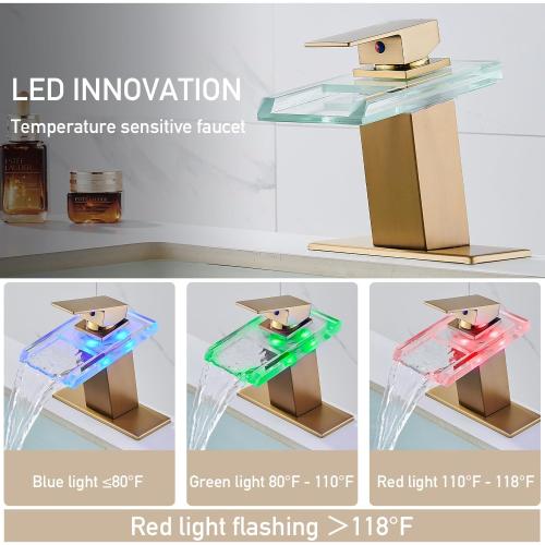 LED Bathroom Sink Faucet, Brushed Gold Waterfall Single Hole Handle Vanity Faucets for Sinks 1 Hole with Metal Pop Up Drain and 2 Water Supply Lines, Open Glass Spout