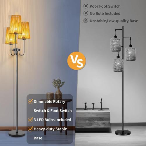 Boho Floor Lamp for Living Room, 3 Light Farmhouse Floor Lamps with Cage Rattan Shade & 7W LED Bulbs, Black Rustic Tree Standing Tall Lamp for Bedroom Corner,65,3 Color Temperature
