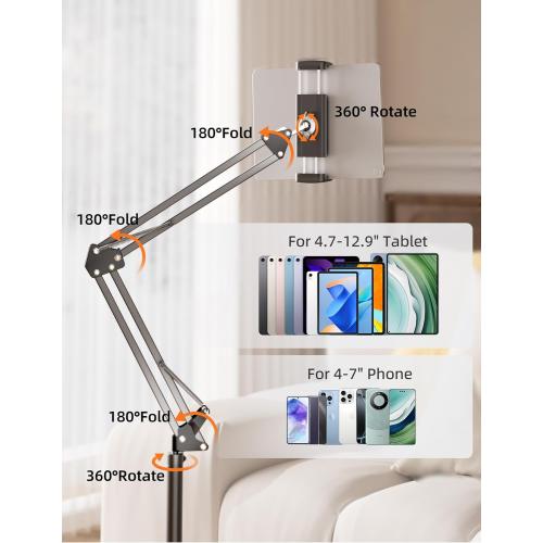 Tablet Floor Stand with 4.5LB Heavy Metal Base,Overhead Bed Phone Stand Angle Height Adjustable Holder, Universal Phone Mount for iPad iPhone Pro Air Mini, Samsung Tab, Kindle, E-Readers...