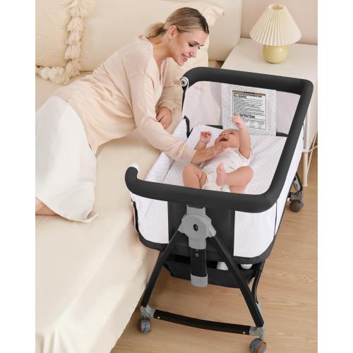 3 in 1 Baby Bassinet, Bedside Crib with Breathable Mesh, Bassinet Bedside Sleeper with Wheels, Mosquito Net, Storage Basket, 6 Height Adjustable, Easy to Fold, Rocking Bassinet for Baby, Black