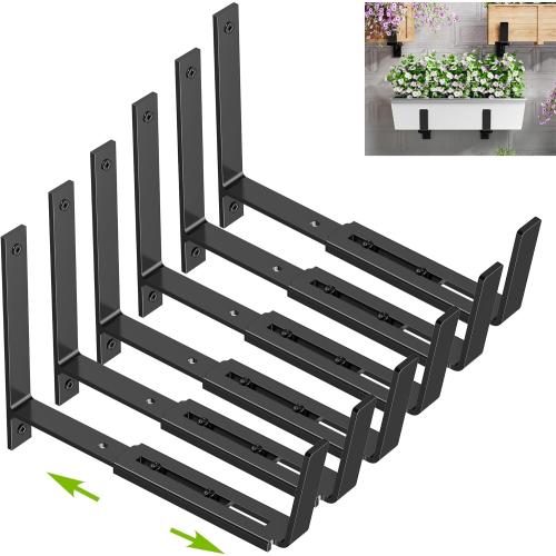 Y&M 6 PCS Adjustable Window Box Brackets for Planter Box, Heavy Duty Wall Mounted Hooks Hangers for Flower Baskets Holder Durable Brackets for Fence Patio Garden Balcony