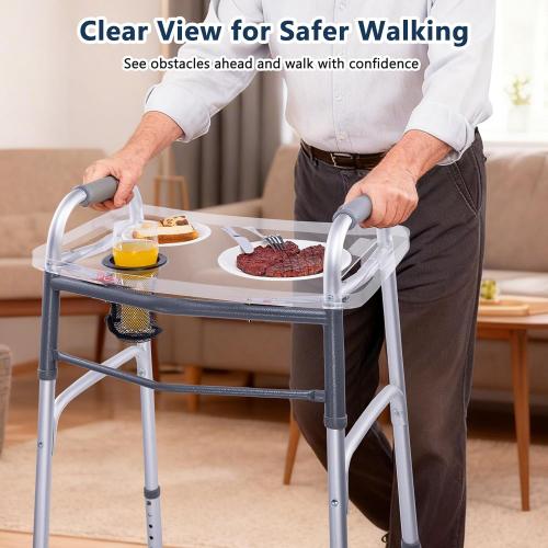 BAGSFY Clear Walker Tray Table with Cup Holder, Non-Slip Food Tray, Fits Standard Folding Walkers with Side Bars, Walker Accessories for Seniors, Supports Up to 10 lbs