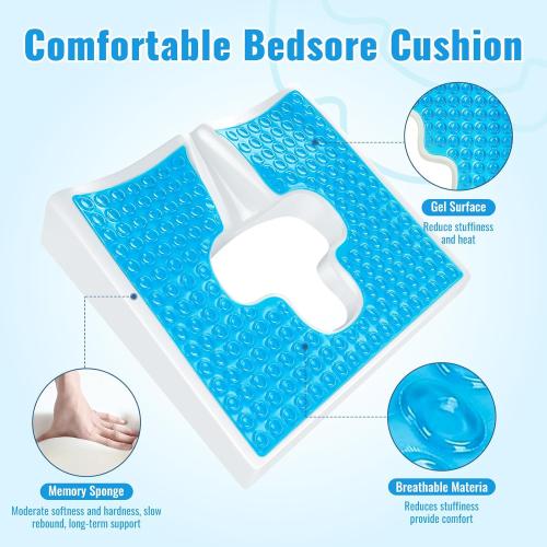 Anti Bedsore Cushion, Bed Sore Cushions for Butt, Breathe Freely Fiber Bedsore Pressure Relief Pillow, T Shaped Opening Triangular Slope Design for Elderly, Bedridden, Disabled (Blue)