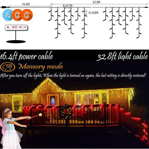 BLOFUN LED Lamps Outdoor Icicle Lights, 32.8 ft 400 LED - 8 Modes Curtain String Lights for Indoor/Outdoor, Wedding, Party, Holiday