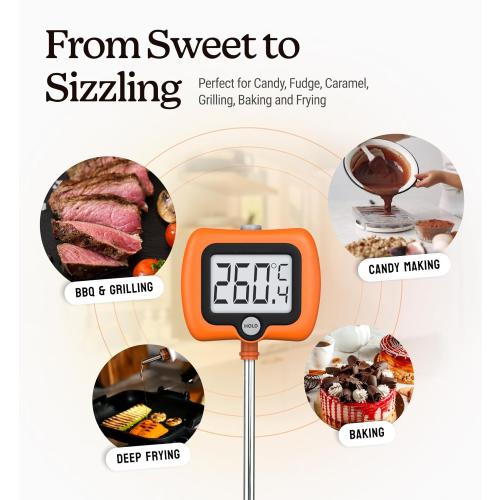 Digital Candy Thermometer with Pot Clip, Instant Read Kitchen Thermometer for Cooking, Baking, and Candy Making – 10 Stainless Steel Probe, LCD Display, Essential Baking Tool
