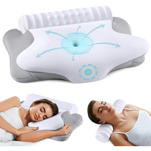 onesmile Cervical and Roll Neck Pillow - 2 in 1 Ergonomic Pillows for Pain Relief, Neck Support Pillow for Sleeping, Memory Foam Pillows for Side, Back & Stomach Sleepers (White)