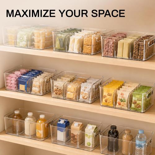 Mpotmiy 6-Pack Pantry Organizers and Storage, Clear Fridge Organizer Bins | Clear stackable plastic bins with removable dividers for packets, snacks, pouches and spices in pantry, fridge or freezer.