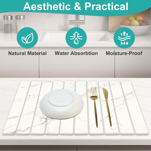 3 Pack Fast Dry Stone Dish Drying Mats for Kitchen Counter Accessories Large Diatomite Dish Water Absorbing Stone Bathroom Sink Tray Quick Dry Matt Diatomaceous Earth Pad White Marble Kitchen Mat