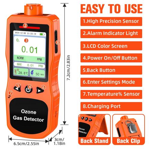 Portable Ozone Detector, 0-100 PPM Ozone Gas Monitor with 0.01 PPM High Resolution, 16H Long Battery Life, Ozone Meter with Alarm, O3 Air Quality Monitor with Temp & Humidity Tester, Orange
