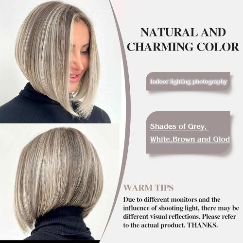 CHINOO Short Lace Bob Hair Wigs for White Women Blonde Skunk Stripe Wig,Shoulder Length Wigs for Women Synthetic Stremlined A-Line Bob Wig Shades of Blonde,White and Brown(F4P/60#)