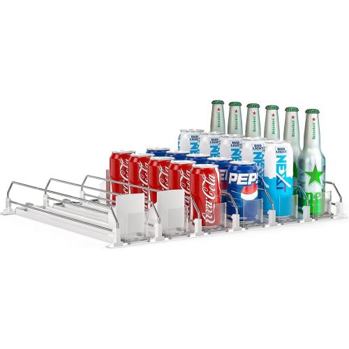 Soda Can Dispenser for Refrigerator,Self-Pushing Drink Organizer for Fridge, Width Adjustable Fridge Organization, Beer Pop Can Water Bottle Drink Dispenser for Fridge (15.1D) White (White, 6 Row)