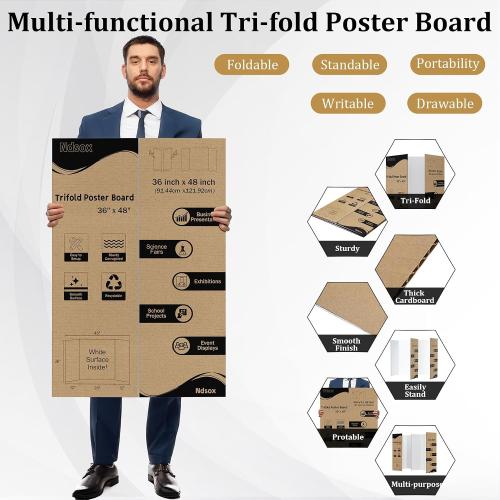 Ndsox 4 Pack 36 x 48 White Trifold Poster Board Large Corrugated Tri Fold Business Presentation Boards Picture Posterboard for Science Fairs, School Projects, Event Displays, Art Exhibitions