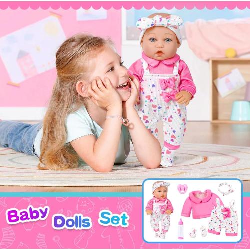 12 Baby Doll with Pink Bowknot Clothing Set,12 Inch Realistic Baby Dolls with Clothes and Accessories,Pacifier Bottle Toy Pretend Play Collection for 3  Child Girls Gifts