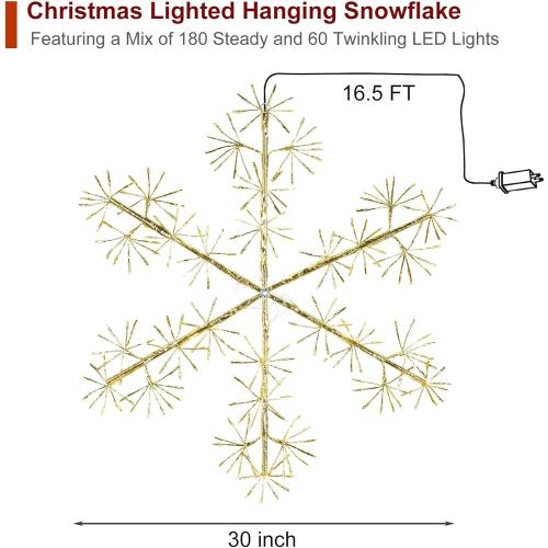 30’’ Christmas Snowflake Lights Outdoor, Pre-lit 240Pcs Warm White LEDs Hanging Golden Snowflake Decoration for Home Indoor Outdoor Window Silhouette