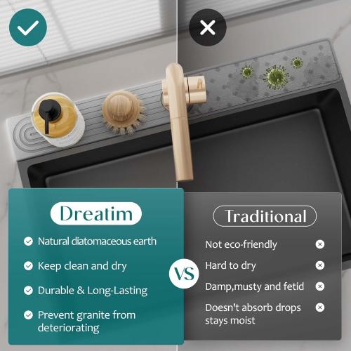 Faucet Mat for Kitchen Sink - Wider Diatomite Fast Drying Stone Sink Tray, Super Absorbent, Prevents Moisture Buildup - Faucet Splash Guard for Bathroom Counter (Grey, 15x5.3inch)