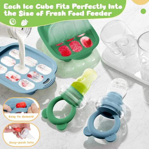 Bear Baby Fruit Food Feeder & Mini Freezer Nibble Tray Combo, 2 Pack Breastmilk Popsicle Molds for Baby Teething Relief, BPA Free Silicone Feeder for Safe Infant Self Feeding, Dishwasher Safe