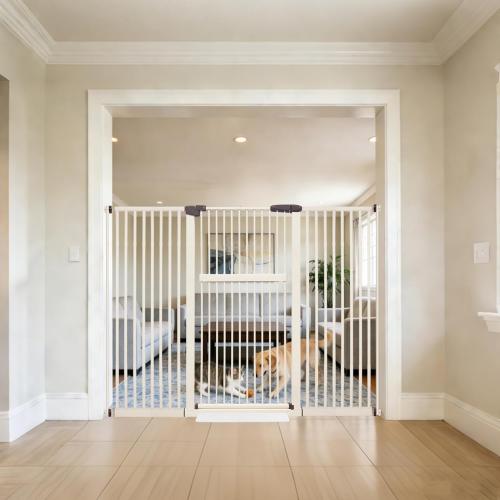 Lumizone Extra Tall Pet Gate 55.12 High Pressure Mounted 63.39-67.90 Extra Wide (9 Sizes) 1.37 Gap for Cat Dog Stairs Doorway Hallway No Drilling Auto-Close (63.39-67.90 W, Cream White)