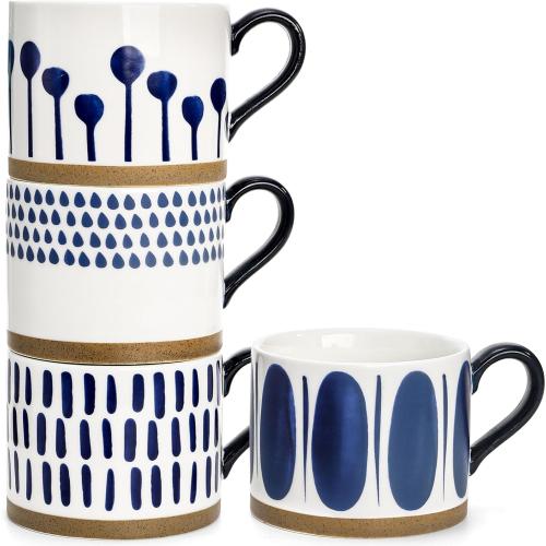SOUJOY Set of 4 Large Ceramic Coffee Mugs, 15 Oz Hand Painted Coffee Cups with Handles, Vintage Glazed Porcelain Soup Mugs for Tea, Hot or Cold Drinks, Best Gifts for Birthday, Thanksgiving, Christmas