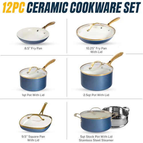 Gotham Steel 12 Pc Pots and Pans Set Non Stick Ceramic Cookware Set | Non Toxic PFOA/PFOS/PTFE Free, Stay Cool Stainless Steel Handles, Dishwasher and Oven Safe, Navy Gold