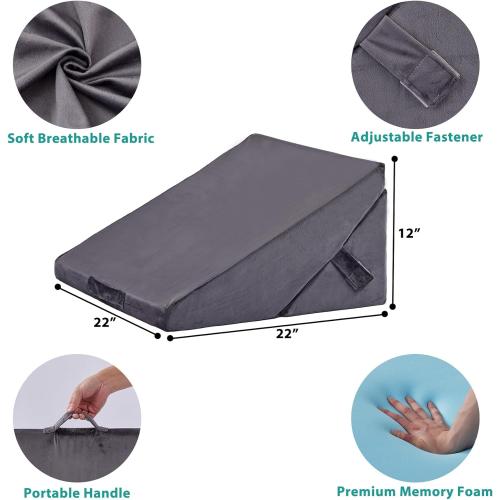 Bedluxe Wedge Pillow for Sleeping, Adjustable 9&12 Inch Foldable Bed Wedge Pillow Set, Orthopedic Memory Foam Triangle Pillows Wedge, 7-in-1 Elevated Pillows for Leg and Back Support, Velvet