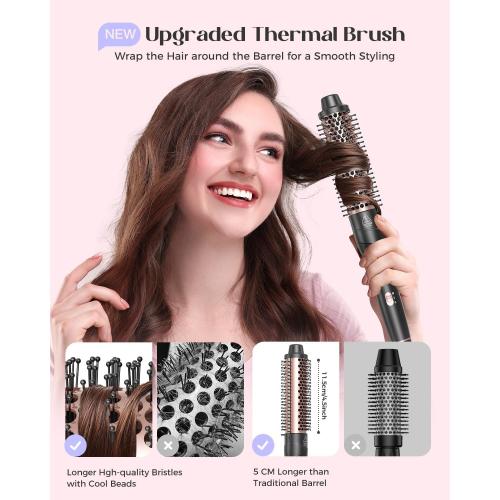 5 in 1 Curling Iron with Thermal Brush and 4 Interchangeable Ceramic Barrels(1/2 to 1 1/2 inch), Curling Wand Set with Flat Iron, Fast Heating, Dual Voltage Hair Curler, Gifts for Women