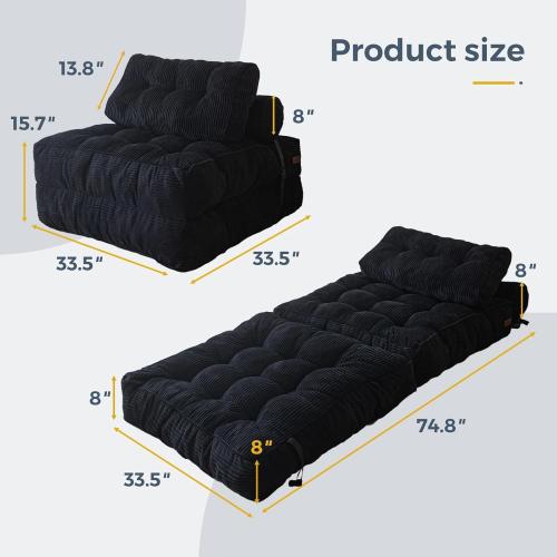 MAXYOYO Folding Sofa Bed, Convertible Sleeper Chair with Pillow Foldable Mattress with Back Support, Portable Fold Out Chair Bed Comfy Floor Sofa Lounge for Living Room Bedroom, Black, Single
