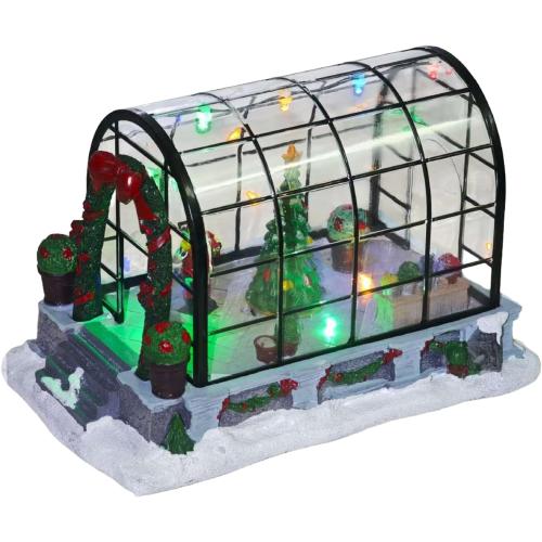 Christmas Village, Flower Shop Glass Houses with LED Lights and Music Collecting Building for Indoor Decoration